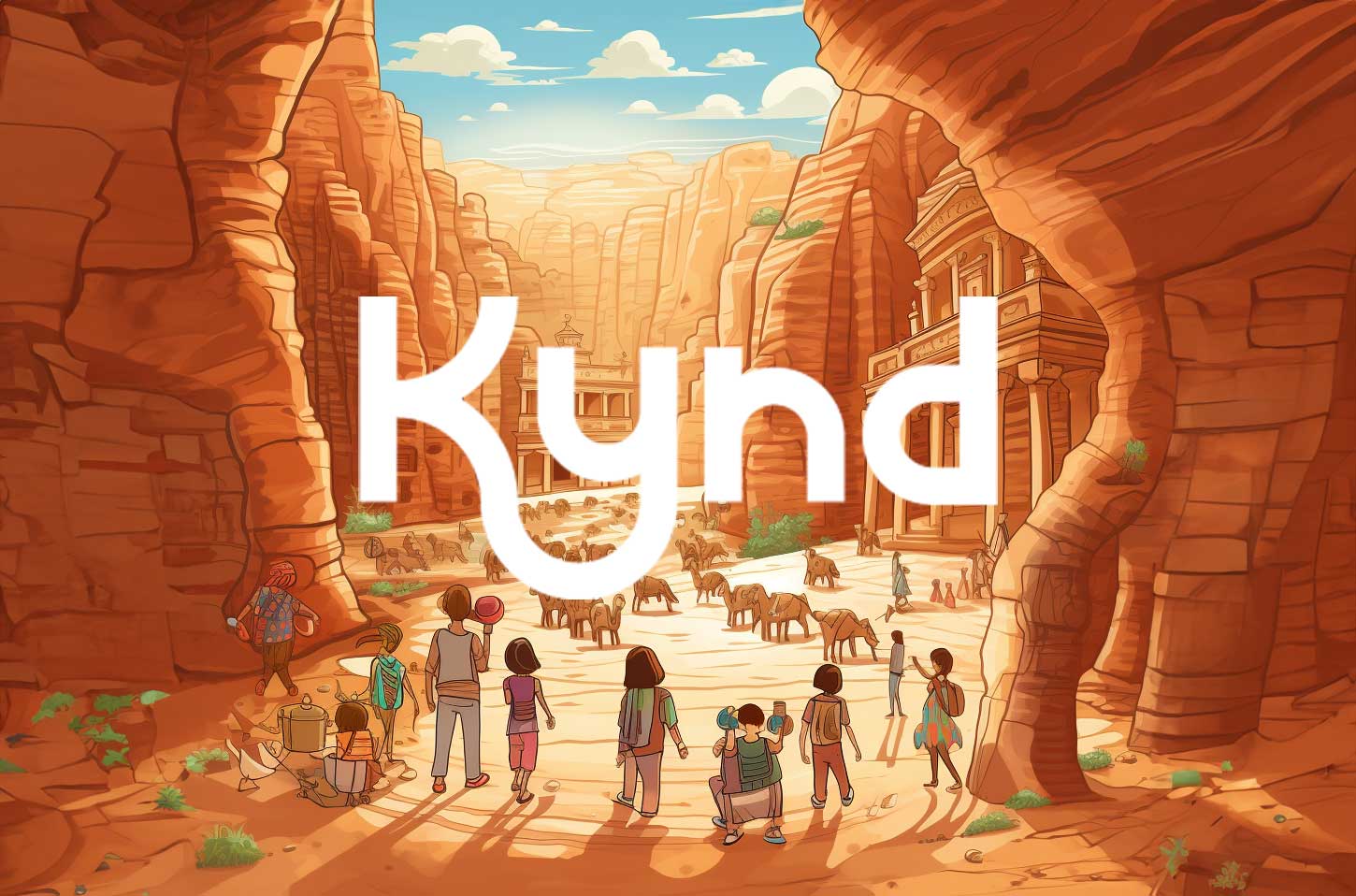 A captivating view of Petra, Jordan, with the charming 'Kynd' marketing agency logo in a delightful cartoon style
